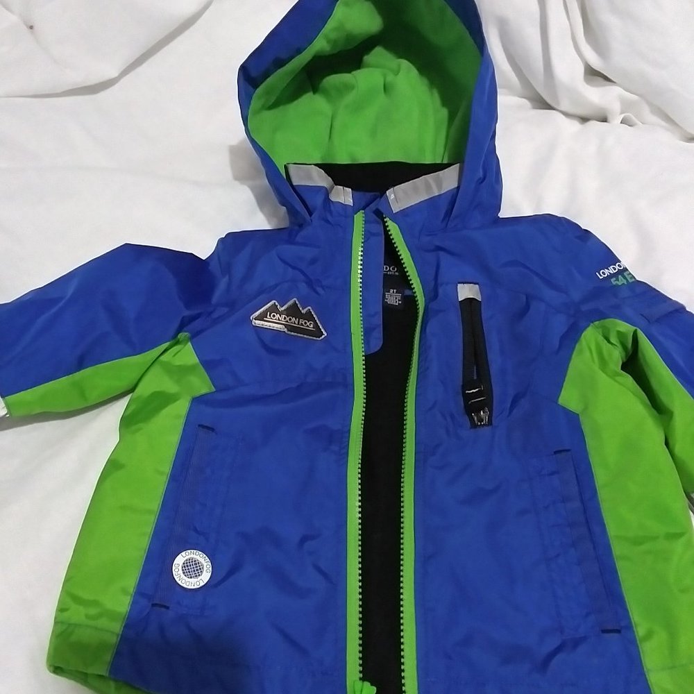 LONDON FOG Boy's Toddler Coat Jacket Hooded Blue & Green Fleece Lined Size 2T